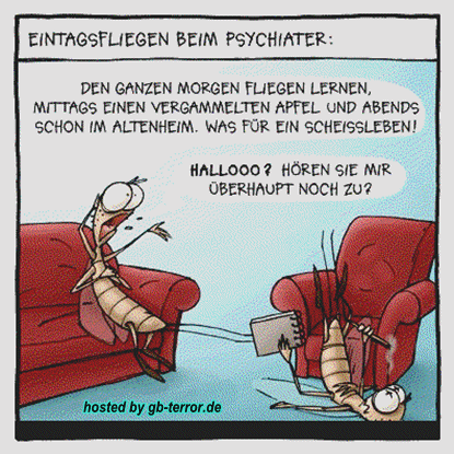 Eintagsfliegen beim Psychiather. Den ganzen Morgen fliegen lernen, Mittags <br />
vergammelte Äpfel und Abens schon im Altenheim. Was für ein Scheiss Leben. <br />
Hallo? Hören sie mir überhaupt noch zu?