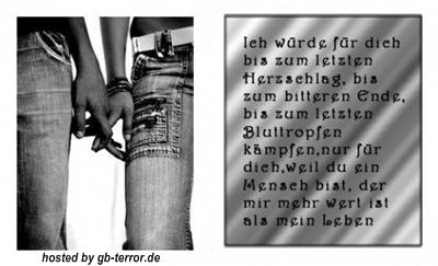 Ich würde für dich bis zum letzen Herzschlag, bis zum bitteren Ende, bis <br />
zum letzten Bluttropfen känpfen, nur für dich, weil du ein Mensch bist, der mir mehr<br />
 Wert ist als mein Leben.