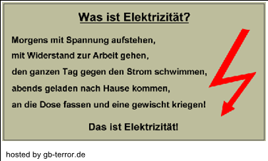 Was ist Elektrizität? Morgens mit Spannung aufstehen, mir Widerstand zur<br />
 Arbeit gehen, den ganzen Tag gegen den Strom schwimmen, abends geladen <br />
nach Hause kommenm, an die Dose fassen und eine gewischt kriegen! Das ist <br />
Elektrizität!