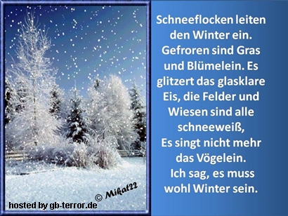 Schneeflocken leiten den Winter ein. Gefrohren sind Gras und Blümelein.Es  <br />
glitzert das glasklare Eis, die Felder und Wiesen sind alle schneeweiß. Es singt <br />
nicht mehr das Vögelein. Ich sag, es muss wohl Winter sein.