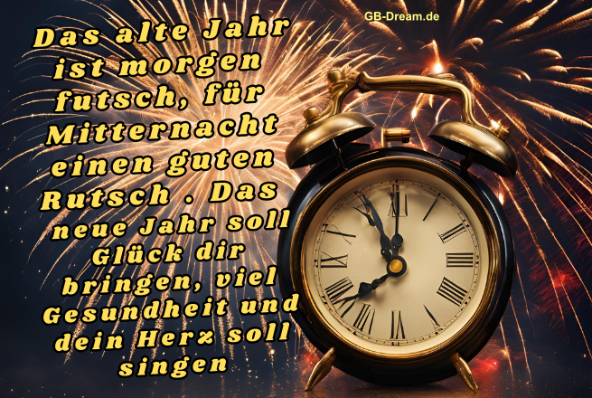 Das alte Jahr ist morgen futsch, für Mitternacht einen guten Rutsch. Das <br />
neue Jahr soll Glück dir bringen, viel Gesundheit und dein Herz soll singen.